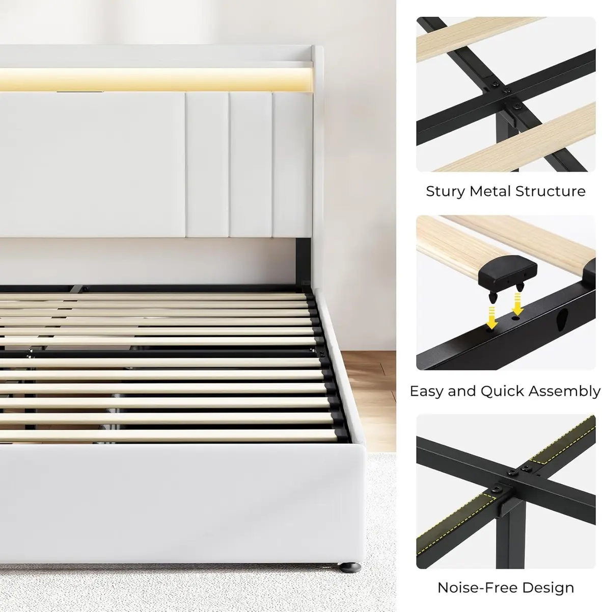 Koorlian Queen Size Upholstered Bed Frame with Storage & RGB LED | 4 Drawers, USB & Type-C Charging - view 7