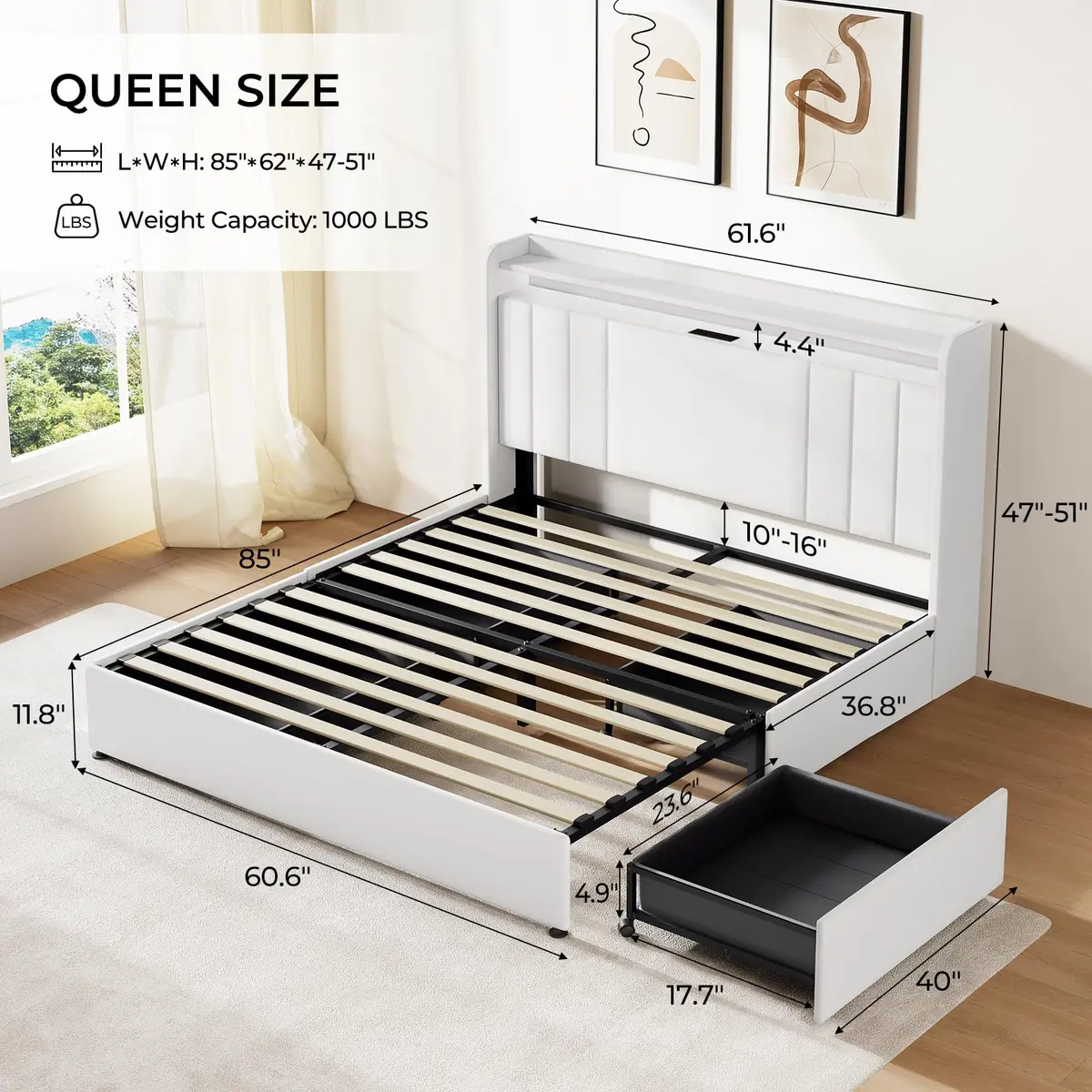 Koorlian Queen Size Upholstered Bed Frame with Storage & RGB LED | 4 Drawers, USB & Type-C Charging - view 2