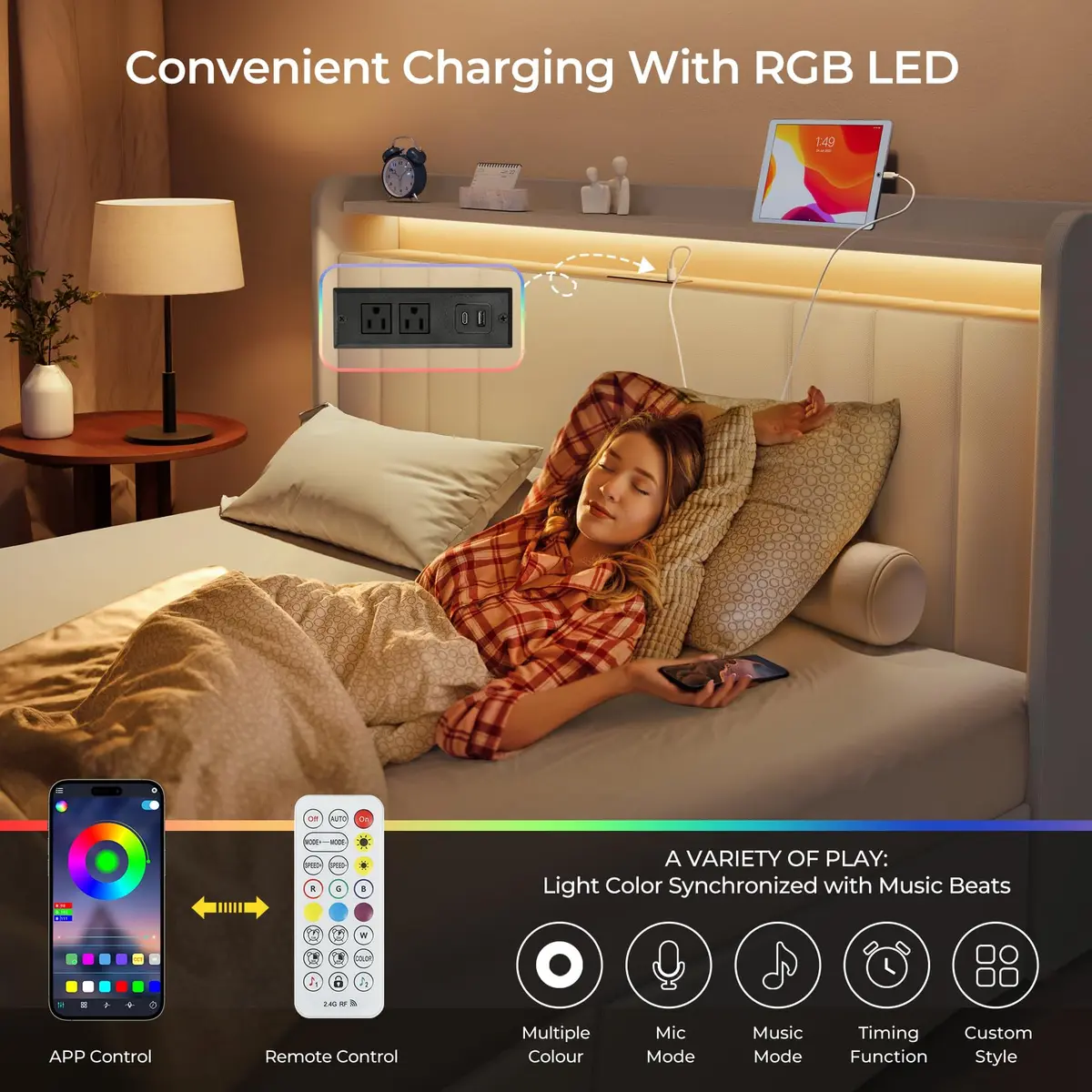 Koorlian Queen Size Upholstered Bed Frame with Storage & RGB LED | 4 Drawers, USB & Type-C Charging - view 3
