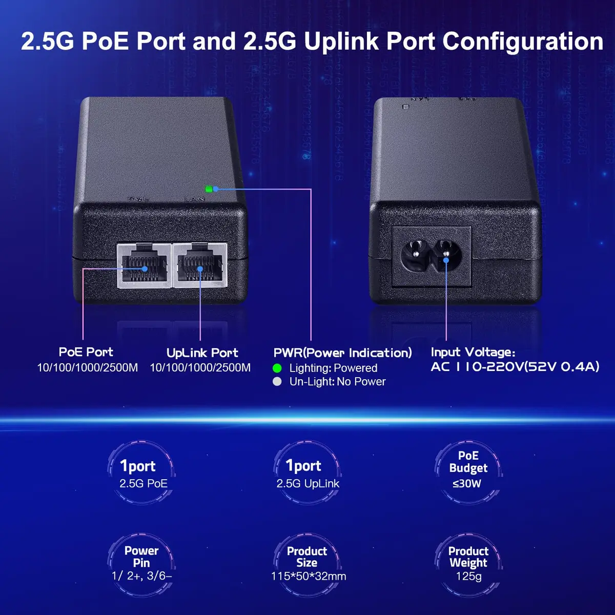 MokerLink 2.5 Gigabit PoE Injector 30W | 2.5G/1G/100M Ethernet, Plug & Play, 100 Meters Range - view 4