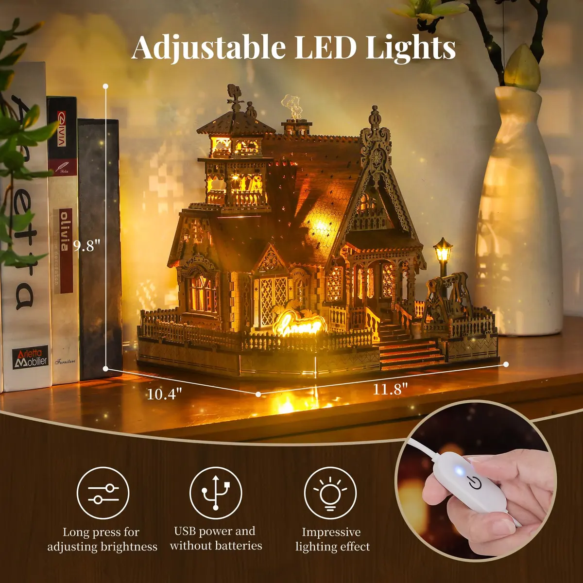 FUNPOLA 3D Wood Puzzle Countryside Cottage Model - DIY Miniature Building Kit with Spark LED Lights | Rustic Home Décor Gift - view 5