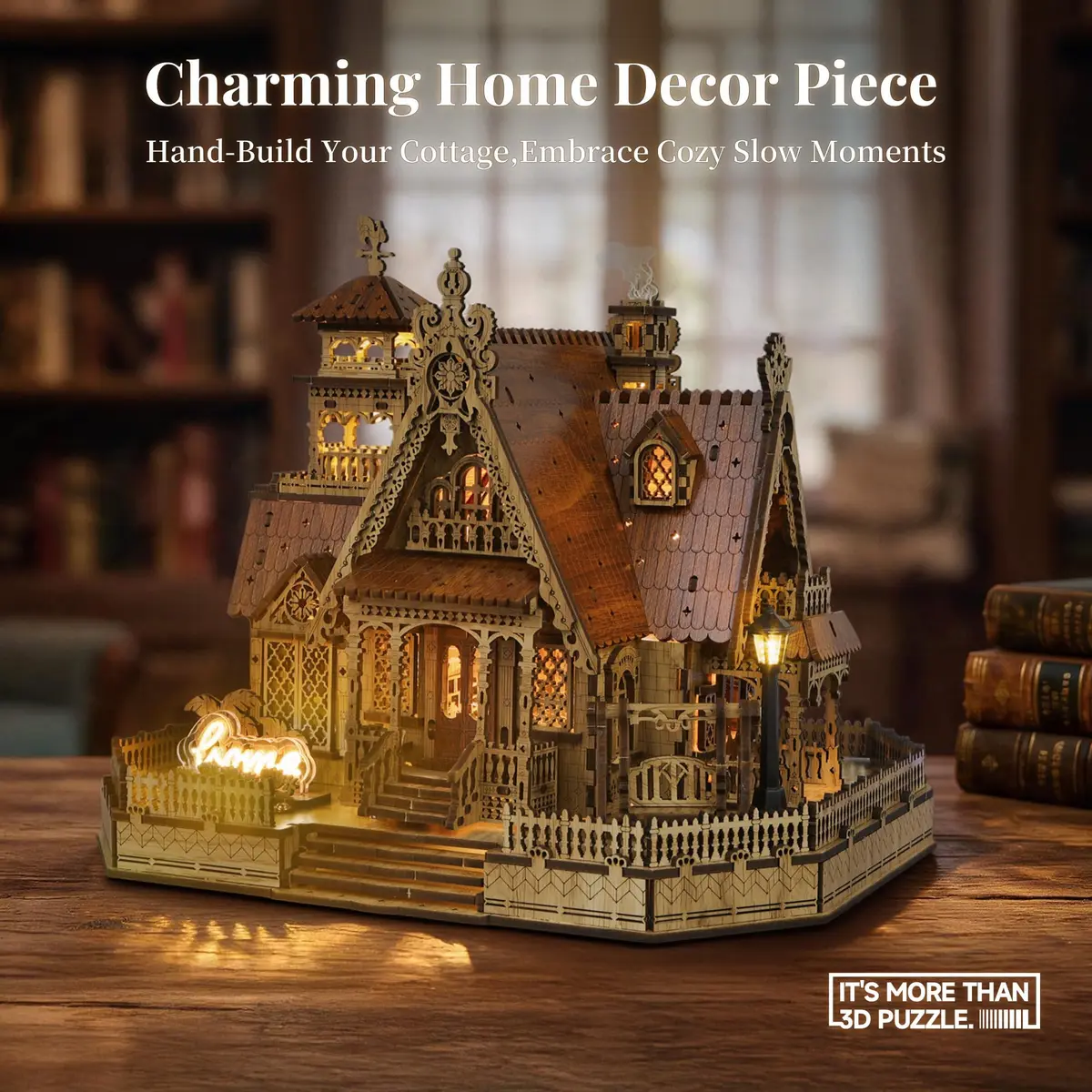 FUNPOLA 3D Wood Puzzle Countryside Cottage Model - DIY Miniature Building Kit with Spark LED Lights | Rustic Home Décor Gift - view 6