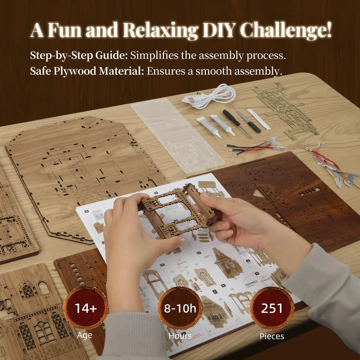 FUNPOLA 3D Wood Puzzle Countryside Cottage Model - DIY Miniature Building Kit with Spark LED Lights | Rustic Home Décor Gift - view 4