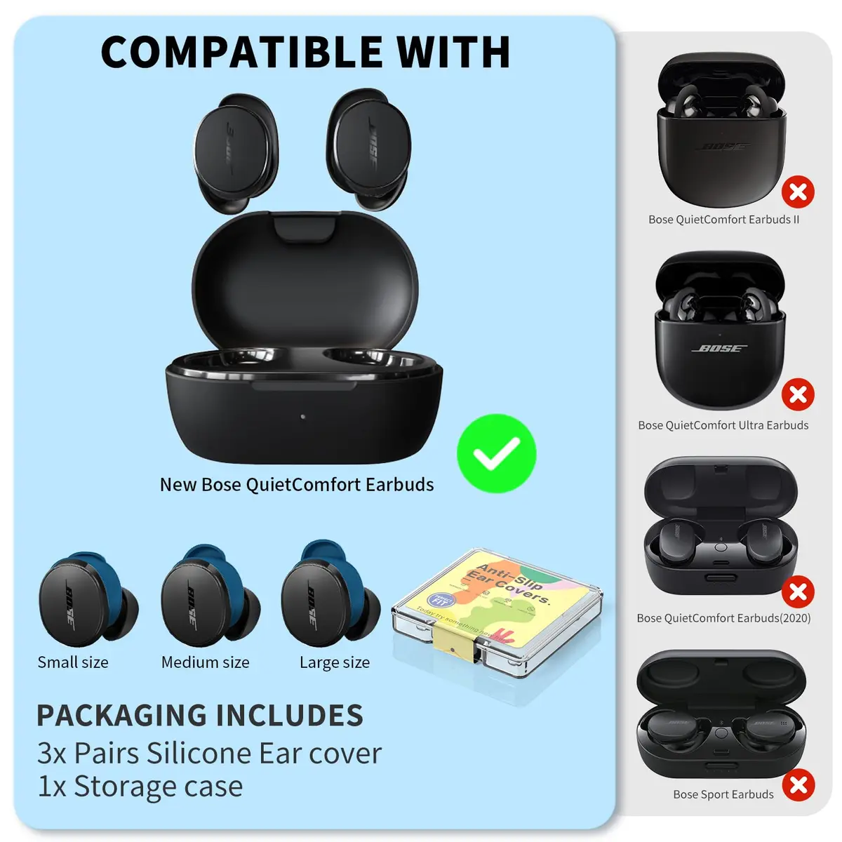 TUDIOW Blue Silicone Ear Tips Covers for New Bose QuietComfort Earbuds (2024) | 3 Pairs S/M/L with Storage Case - view 7