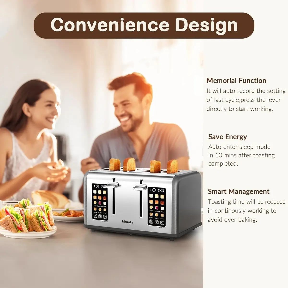 Mecity 4 Slice Smart Toaster with Touch Screen Control, 28.4cm (11.2in) Wide Slots, Pearl Grey | Dual Panel Toasting for Bagels, Muffins, Waffles - view 5