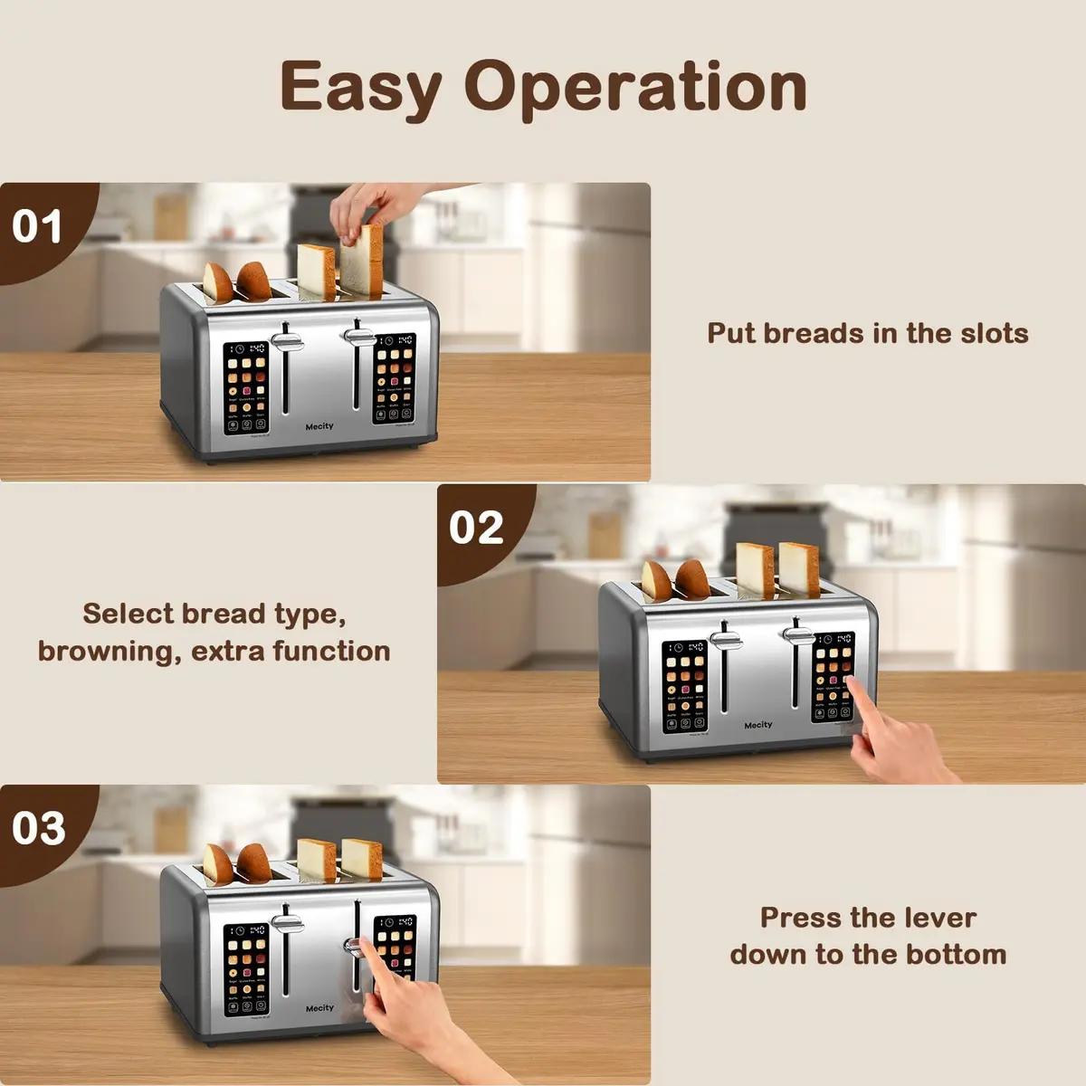Mecity 4 Slice Smart Toaster with Touch Screen Control, 28.4cm (11.2in) Wide Slots, Pearl Grey | Dual Panel Toasting for Bagels, Muffins, Waffles - view 6