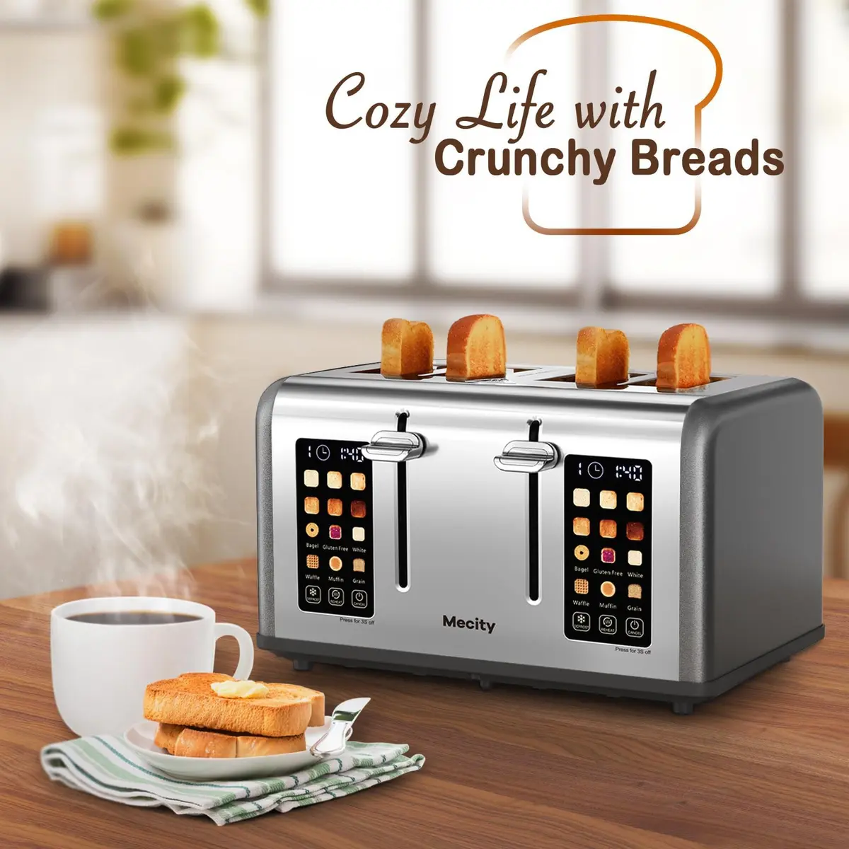 Mecity 4 Slice Smart Toaster with Touch Screen Control, 28.4cm (11.2in) Wide Slots, Pearl Grey | Dual Panel Toasting for Bagels, Muffins, Waffles - view 7