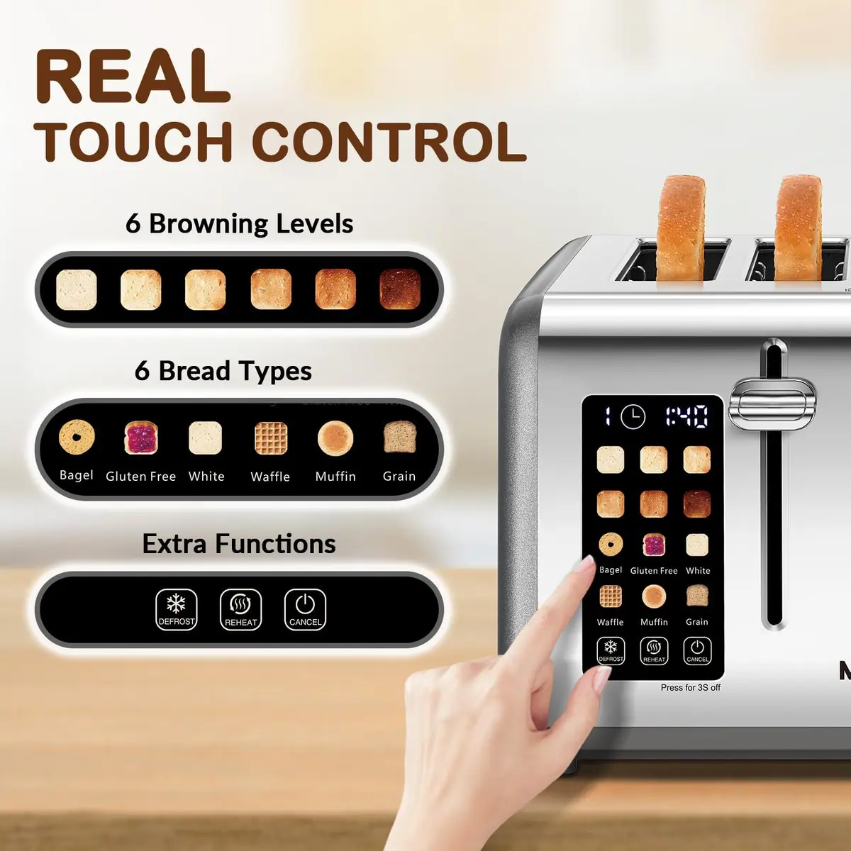 Mecity 4 Slice Smart Toaster with Touch Screen Control, 28.4cm (11.2in) Wide Slots, Pearl Grey | Dual Panel Toasting for Bagels, Muffins, Waffles - view 2