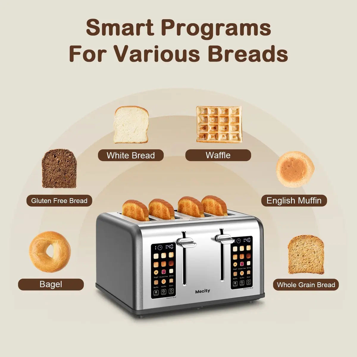 Mecity 4 Slice Smart Toaster with Touch Screen Control, 28.4cm (11.2in) Wide Slots, Pearl Grey | Dual Panel Toasting for Bagels, Muffins, Waffles - view 3