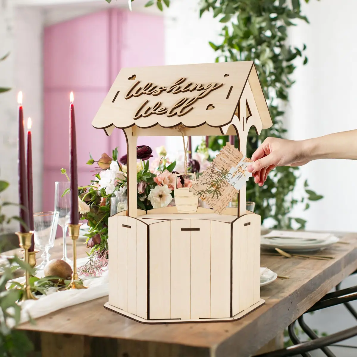 OurWarm Wishing Well Wedding Card Box for Reception | Rustic Wooden Gift Box, 11.6 x 11.6 x 6.7 inches - view 5