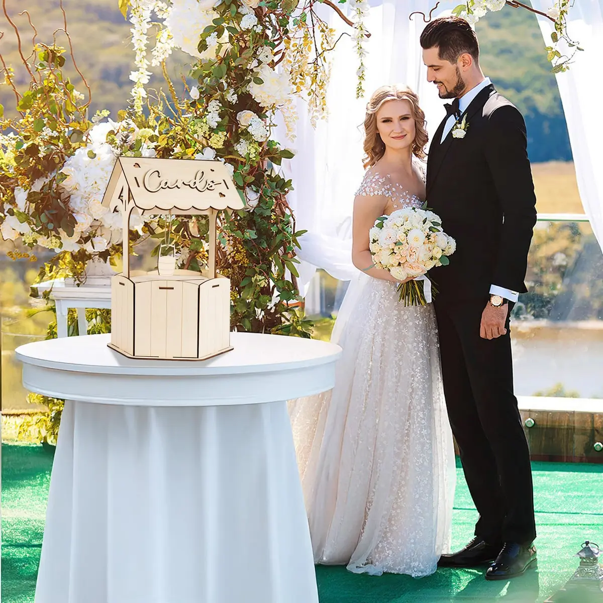 OurWarm Wishing Well Wedding Card Box for Reception | Rustic Wooden Gift Box, 11.6 x 11.6 x 6.7 inches - view 6