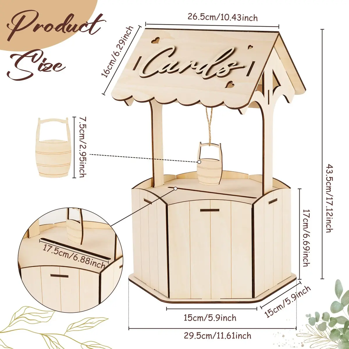 OurWarm Wishing Well Wedding Card Box for Reception | Rustic Wooden Gift Box, 11.6 x 11.6 x 6.7 inches - view 3