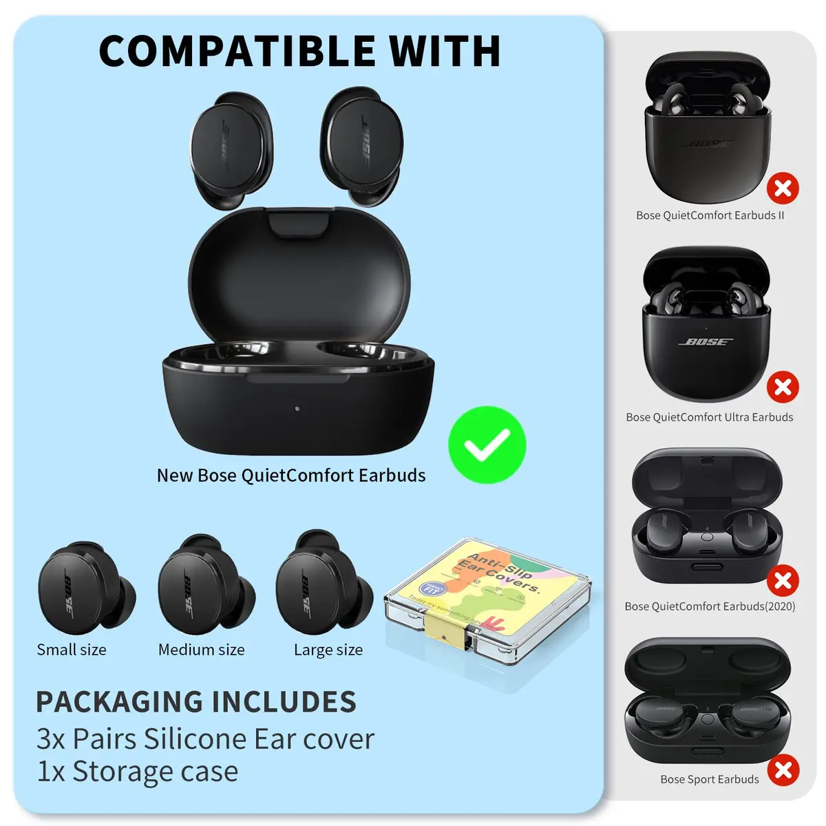 TUDIOW Black Silicone Ear Tips Covers for New Bose QuietComfort Earbuds (2024) - 3 Pairs S/M/L with Storage Case - view 7