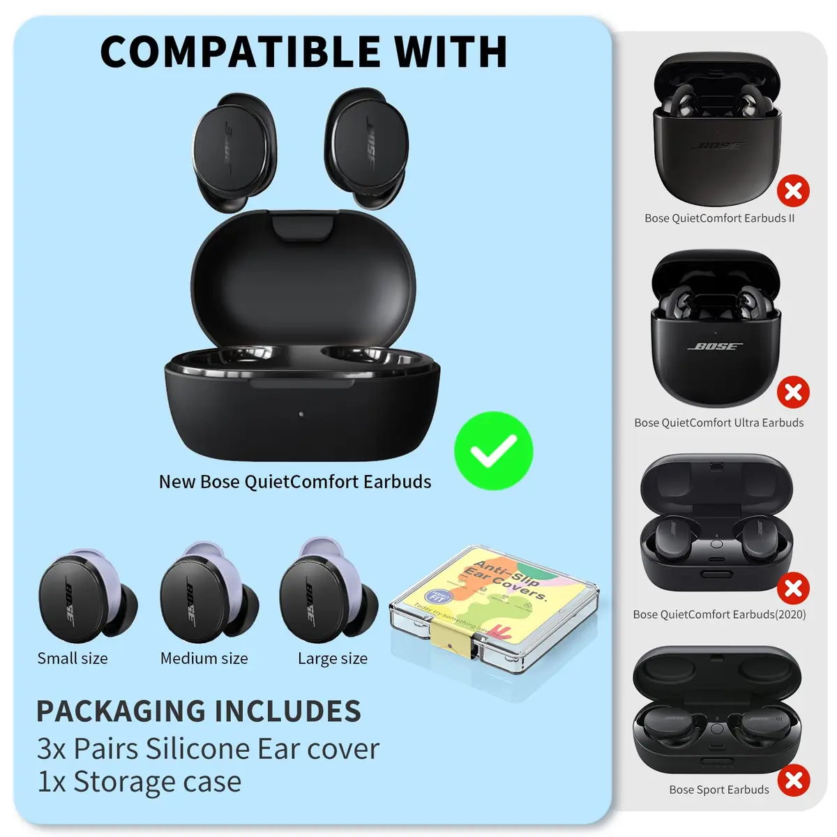 TUDIOW Purple Silicone Ear Tips Covers for New Bose QuietComfort Earbuds (2024) | 3 Pairs S/M/L with Storage Case - view 7