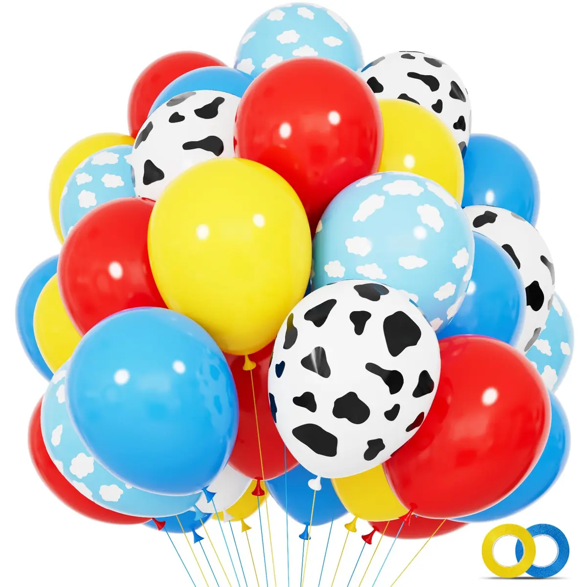 KUULBELA 68Pcs Red Yellow Blue Toy Balloons 12 Inch Cloud Cow Print | Assorted Colors Party Pack - main product image
