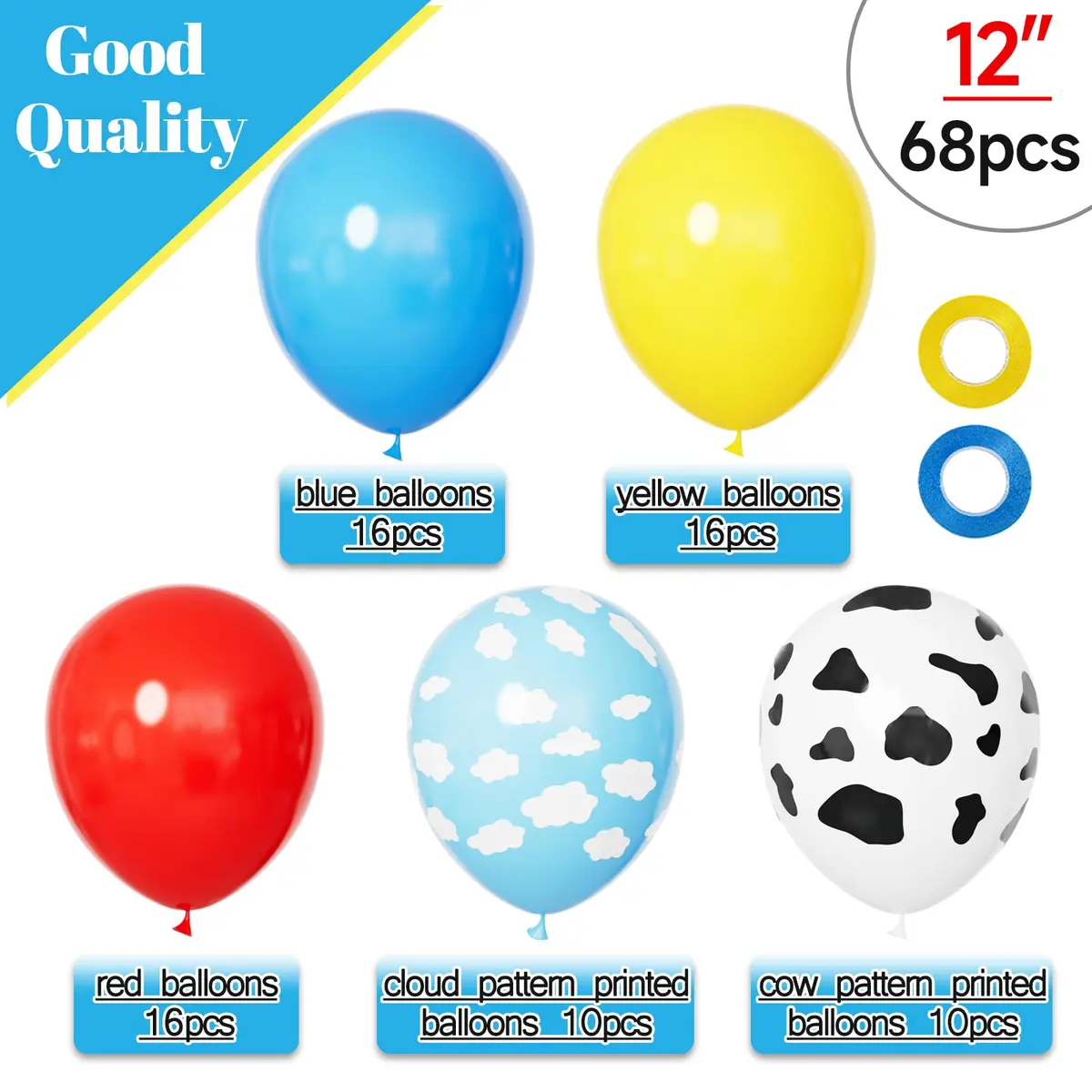 KUULBELA 68Pcs Red Yellow Blue Toy Balloons 12 Inch Cloud Cow Print | Assorted Colors Party Pack - view 3