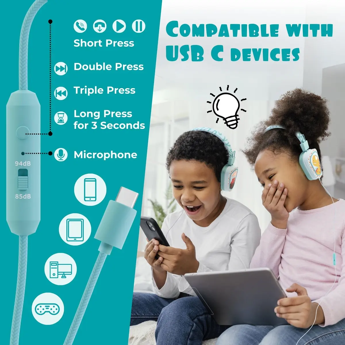 Kidrox Kids Headphones Wired LED Lights with Microphone | Safe Volume Limit 85/94dB, USB-C Wired, Durable & Flexible, Dinosaur Design for Kids - view 4