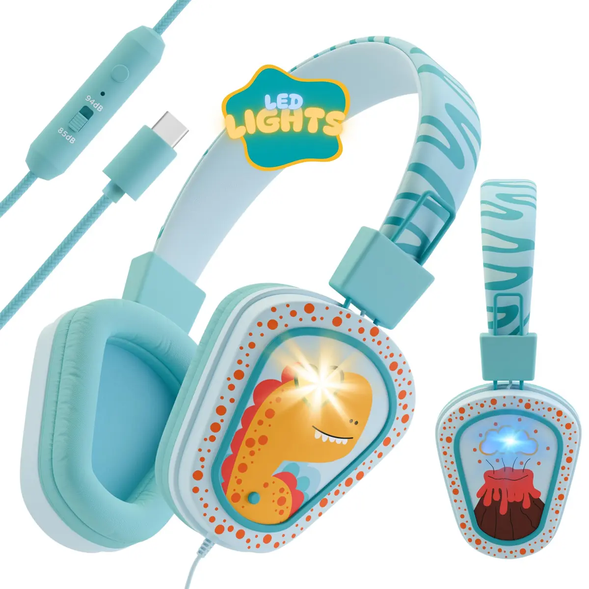 Kidrox Kids Headphones Wired LED Lights with Microphone | Safe Volume Limit 85/94dB, USB-C Wired, Durable & Flexible, Dinosaur Design for Kids - main product image