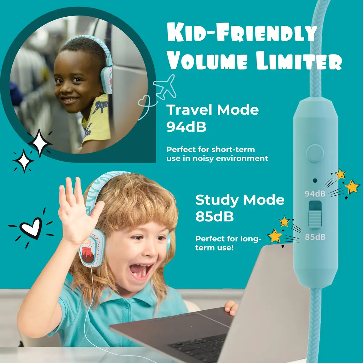 Kidrox Kids Headphones Wired LED Lights with Microphone | Safe Volume Limit 85/94dB, USB-C Wired, Durable & Flexible, Dinosaur Design for Kids - view 3