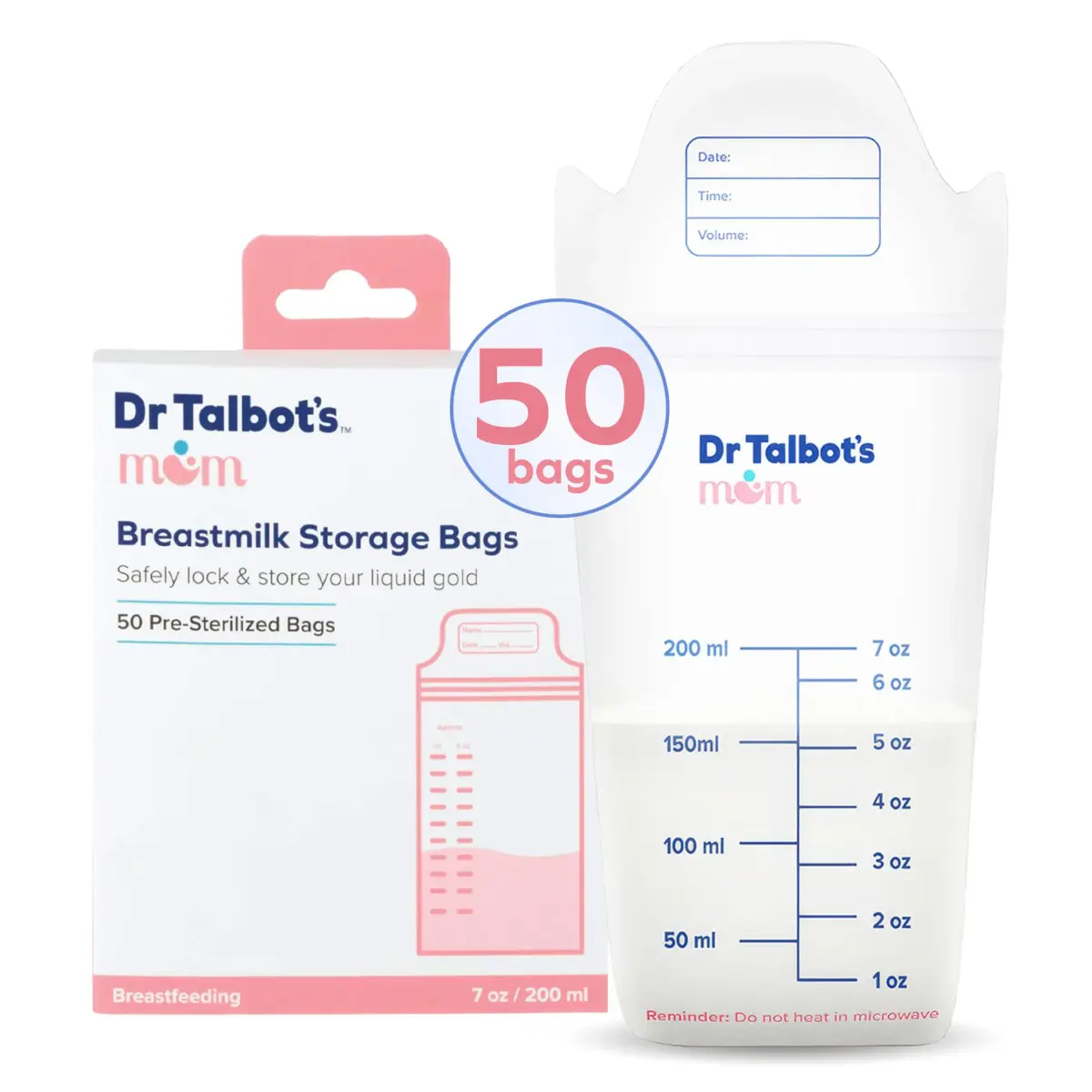 Dr. Talbot's Mom Breastmilk Storage Bags (50 Count, 8oz/240ml) | Puncture-Resistant & Freezer-Safe - main product image