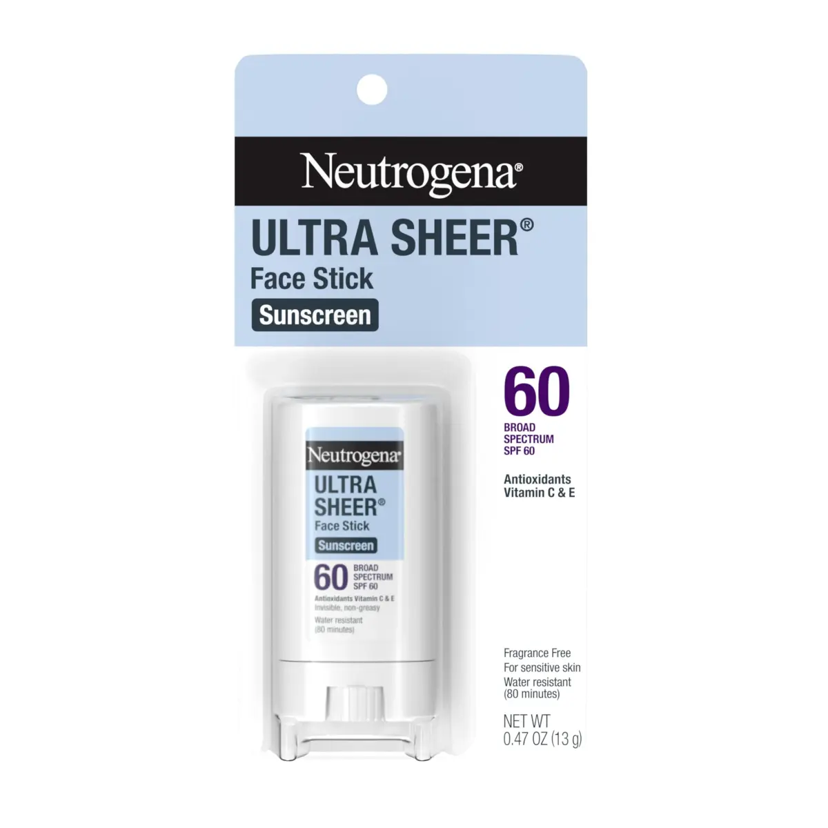 Neutrogena Ultra Sheer Face Sunscreen Stick SPF 60, 13.3g (0.47 oz) | Broad Spectrum UVA/UVB Protection - main product image