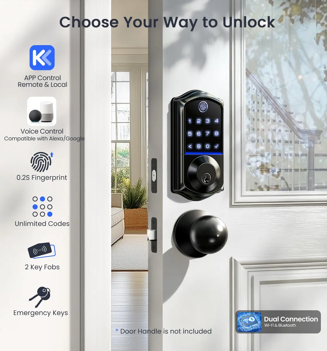 Veise VE017G WiFi Smart Keyless Entry Lock for Front Door | 6 Unlock Methods, App & Voice Control - view 2
