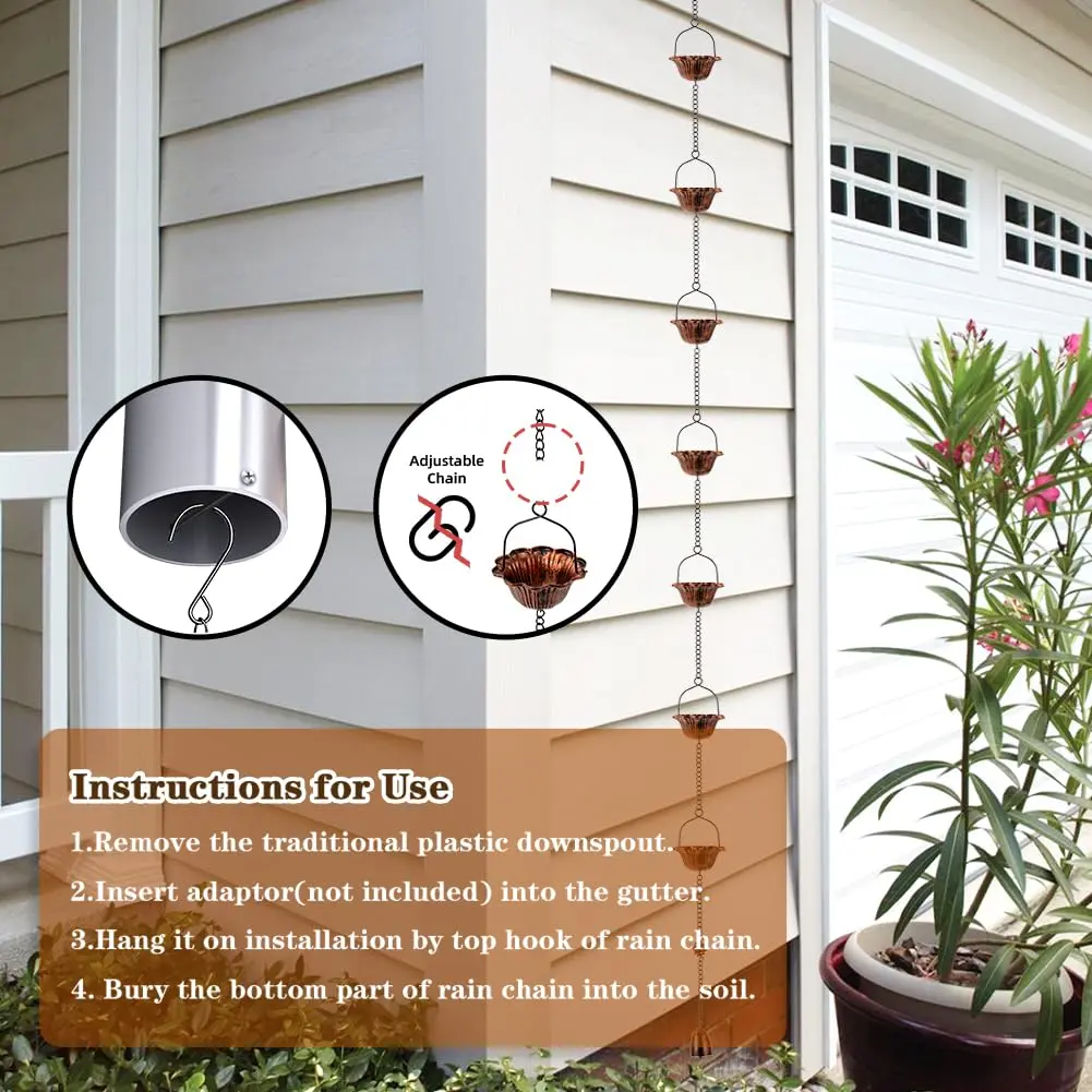 giole Lotus Rain Chain 3.05m (10ft) with 12 Cups & Bell | Decorative Downspout Alternative for Indian Homes - view 6