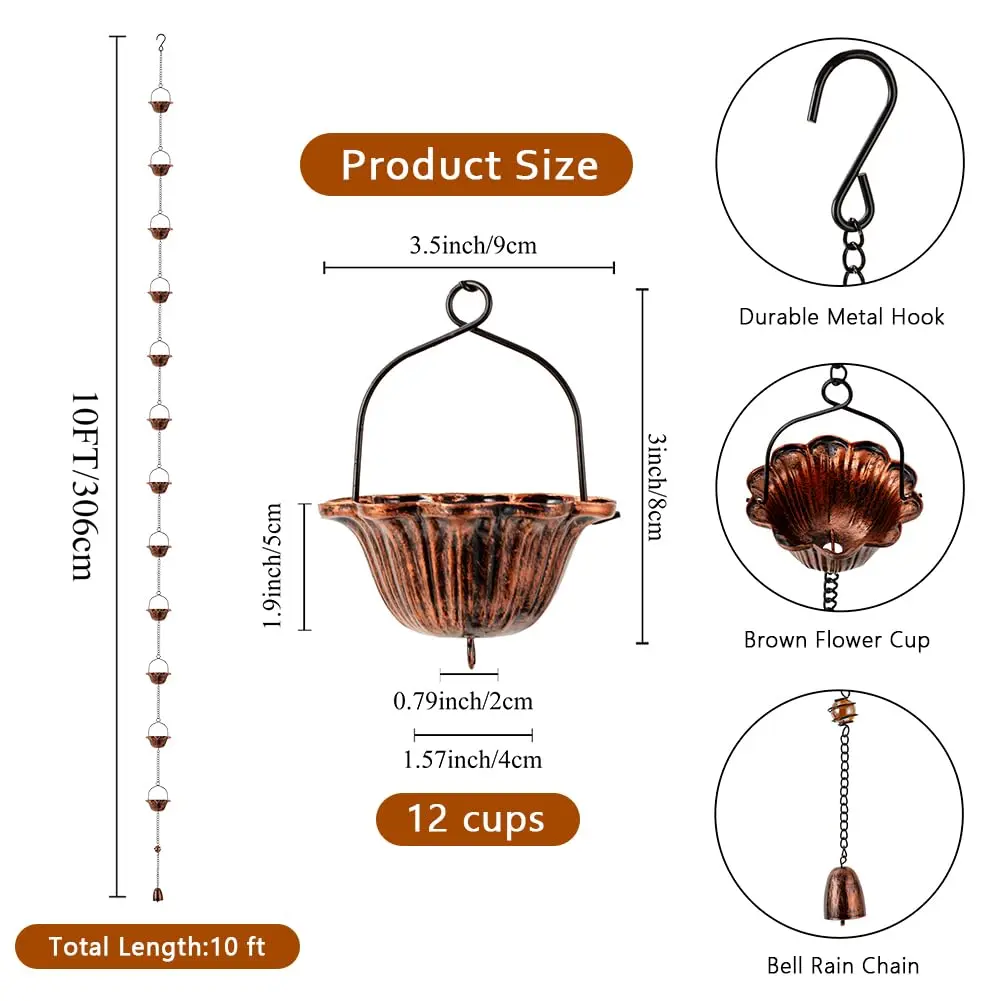 giole Lotus Rain Chain 3.05m (10ft) with 12 Cups & Bell | Decorative Downspout Alternative for Indian Homes - view 2