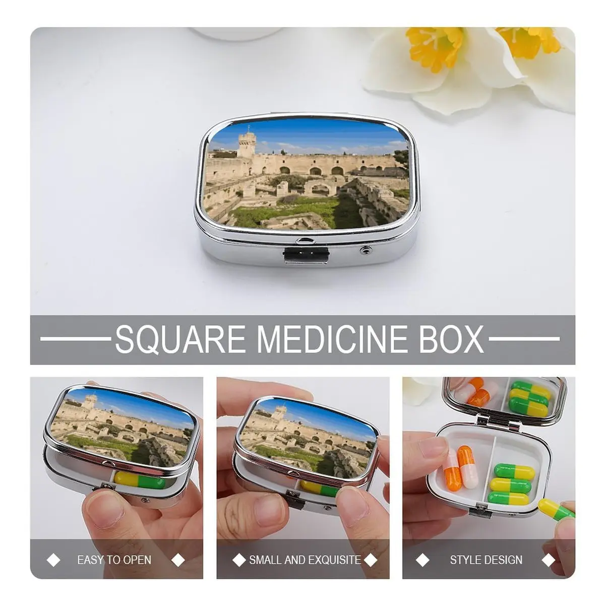 SLKFJEWT Portable Pill Case with Mirror, Israel at The Tower of David Compact Travel Medicine Box - view 4