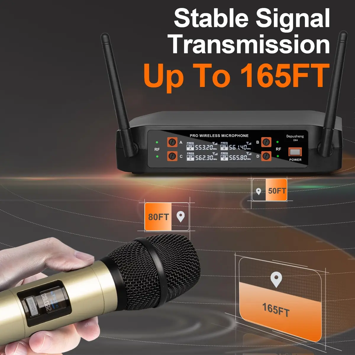 Depusheng DX4 Wireless Microphone System with 4 UHF Dynamic Mics | 164 Ft Range, 4-Channel, Plug & Play - view 2