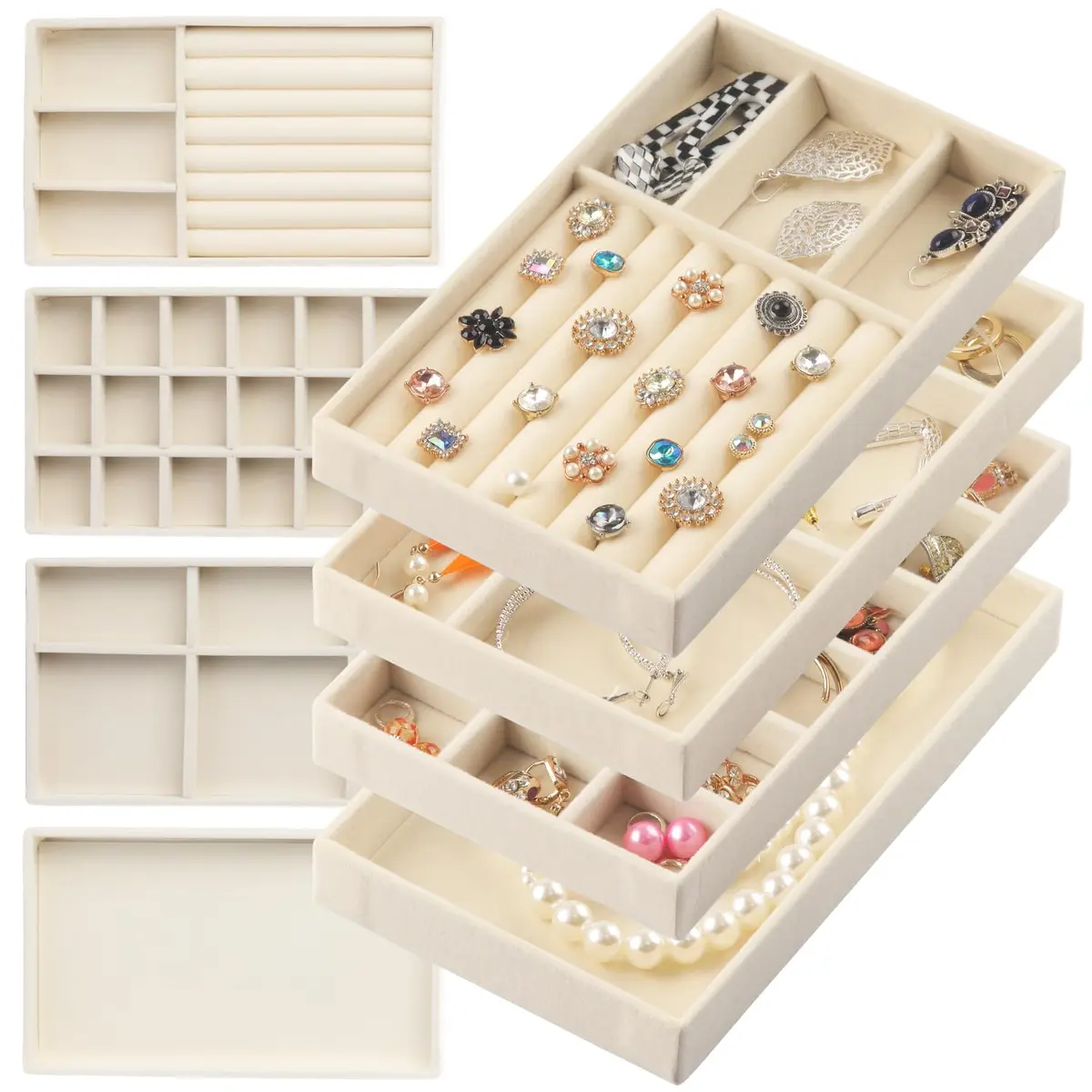 ERLSTE Jewelry Organizer Trays for Drawers Beige | Stackable, Adjustable, Luxury Storage - main product image