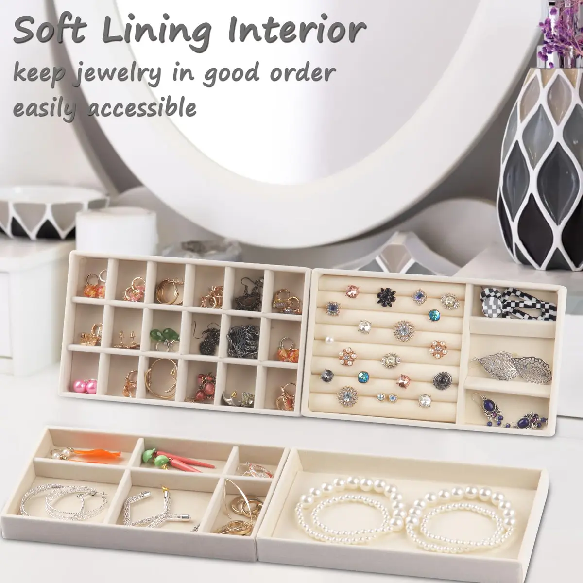 ERLSTE Jewelry Organizer Trays for Drawers Beige | Stackable, Adjustable, Luxury Storage - view 6