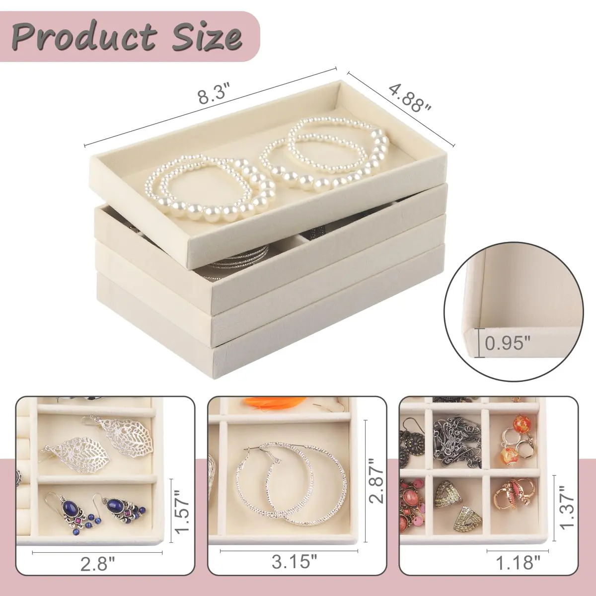 ERLSTE Jewelry Organizer Trays for Drawers Beige | Stackable, Adjustable, Luxury Storage - view 2