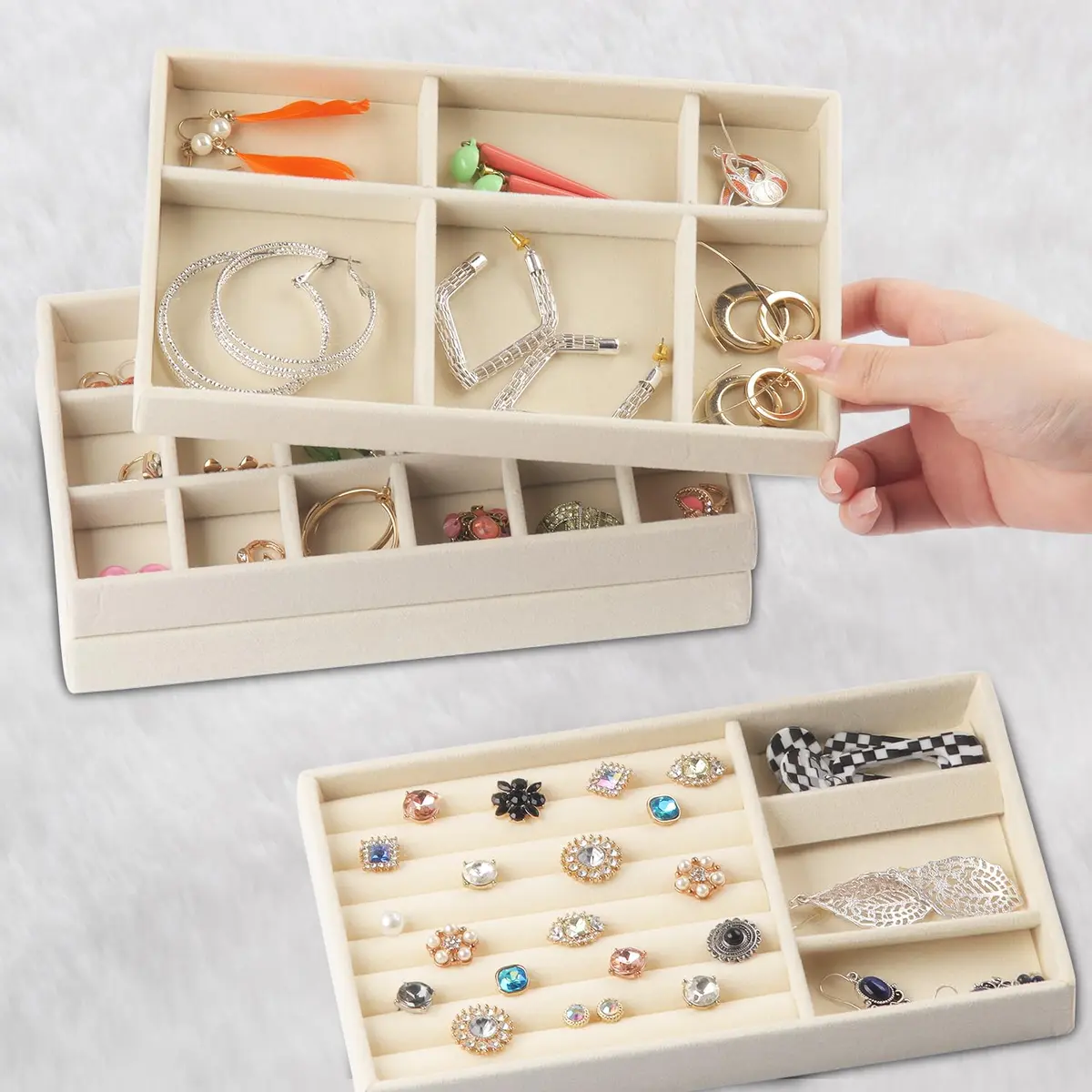 ERLSTE Jewelry Organizer Trays for Drawers Beige | Stackable, Adjustable, Luxury Storage - view 4