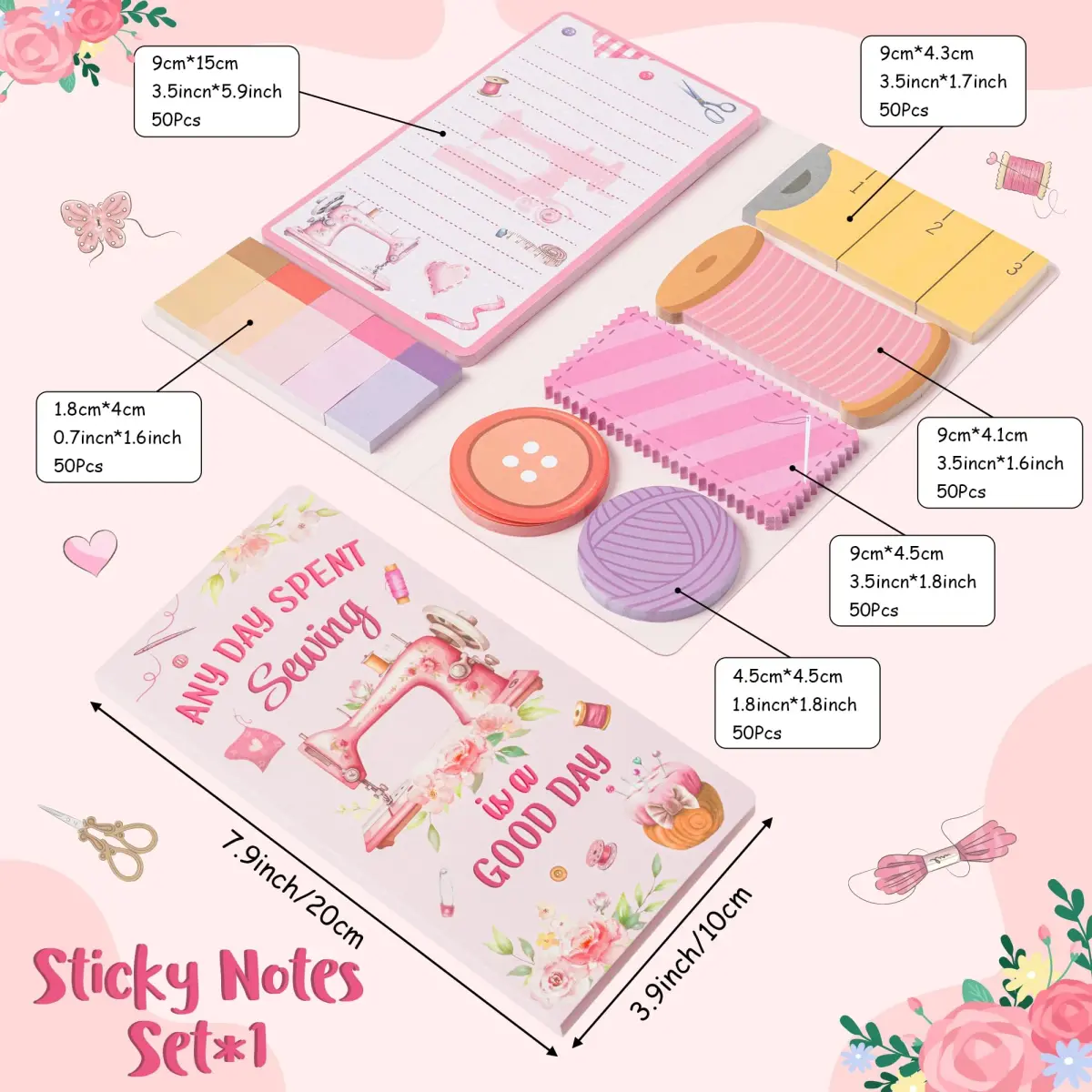 Xqumoi Retro Sewing Sticky Notes Set - Any Day Spent Sewing is A Good Day, Pink (550 Sheets) - view 2