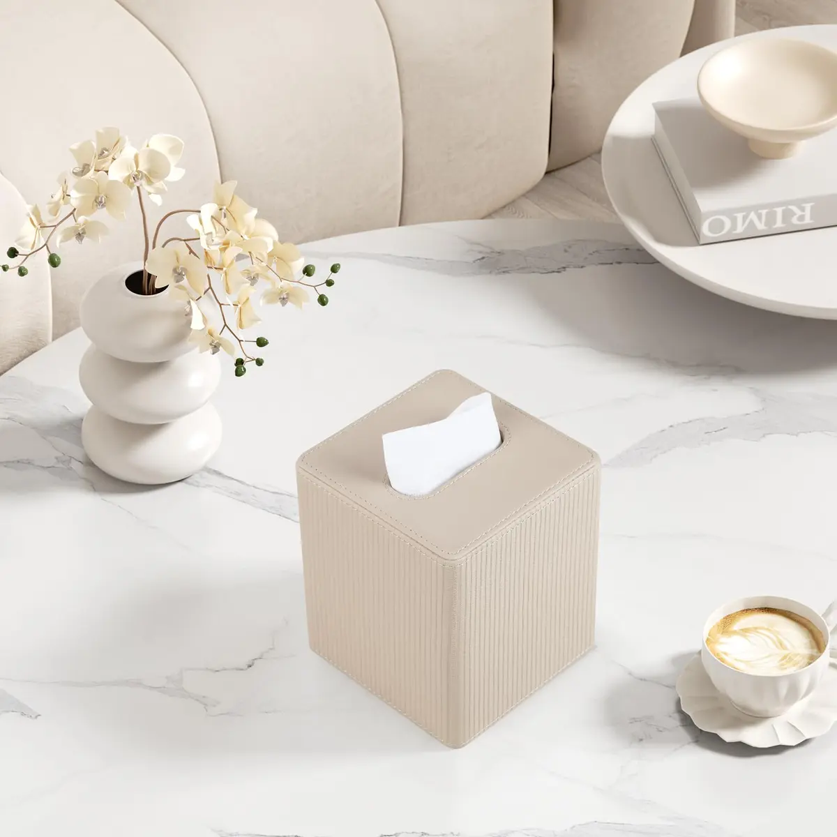 Cretkhp PU Leather Square Tissue Box Cover Beige | Modern Magnetic Closure for Bathrooms & Desks - view 5