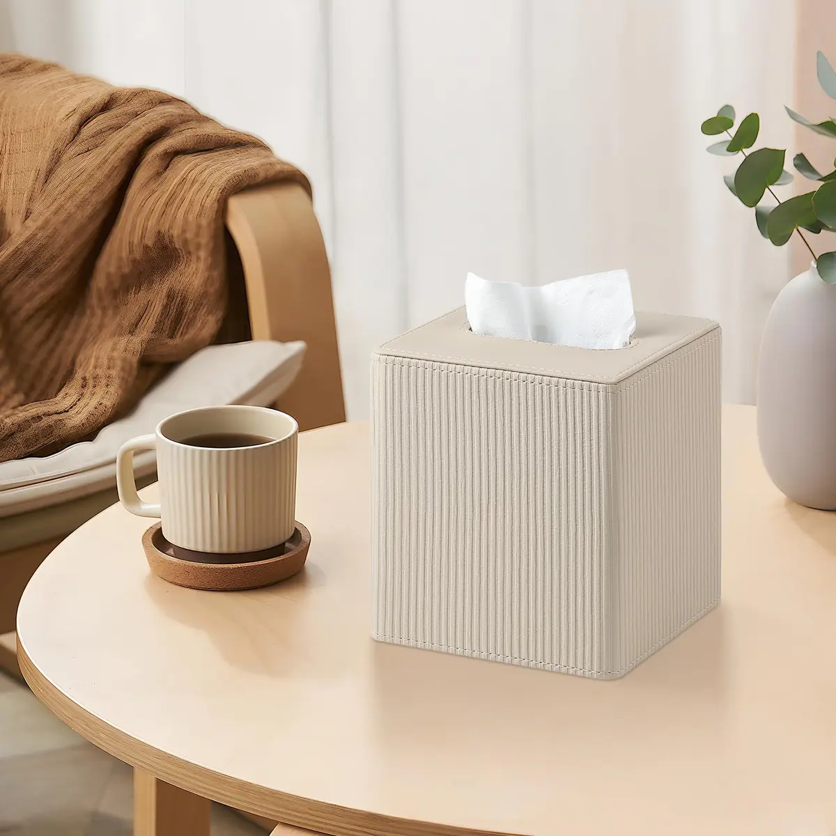 Cretkhp PU Leather Square Tissue Box Cover Beige | Modern Magnetic Closure for Bathrooms & Desks - view 6