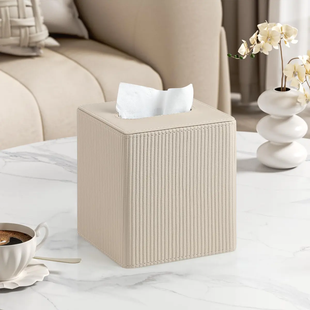 Cretkhp PU Leather Square Tissue Box Cover Beige | Modern Magnetic Closure for Bathrooms & Desks - view 2