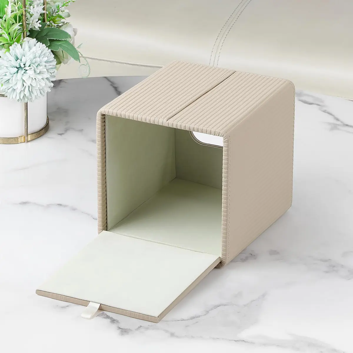 Cretkhp PU Leather Square Tissue Box Cover Beige | Modern Magnetic Closure for Bathrooms & Desks - view 3