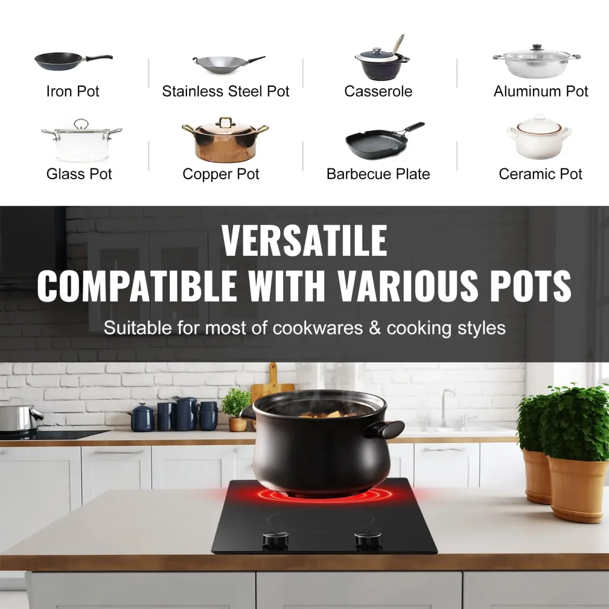 VEVOR 12-inch Built-in Electric Ceramic Cooktop 3000W | 220V Compatible with 11 Heat Levels - view 4