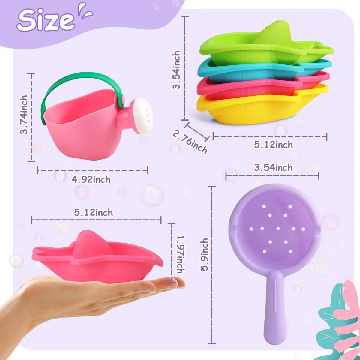 Fajiabao Mold-Free Baby Bath Toys 6-Piece Set | Stackable Shark Boats, Watering Can & Scoop for Toddlers Ages 1-3 - view 5