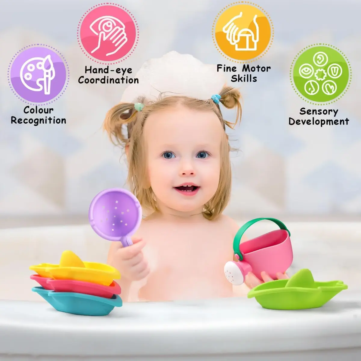 Fajiabao Mold-Free Baby Bath Toys 6-Piece Set | Stackable Shark Boats, Watering Can & Scoop for Toddlers Ages 1-3 - view 6
