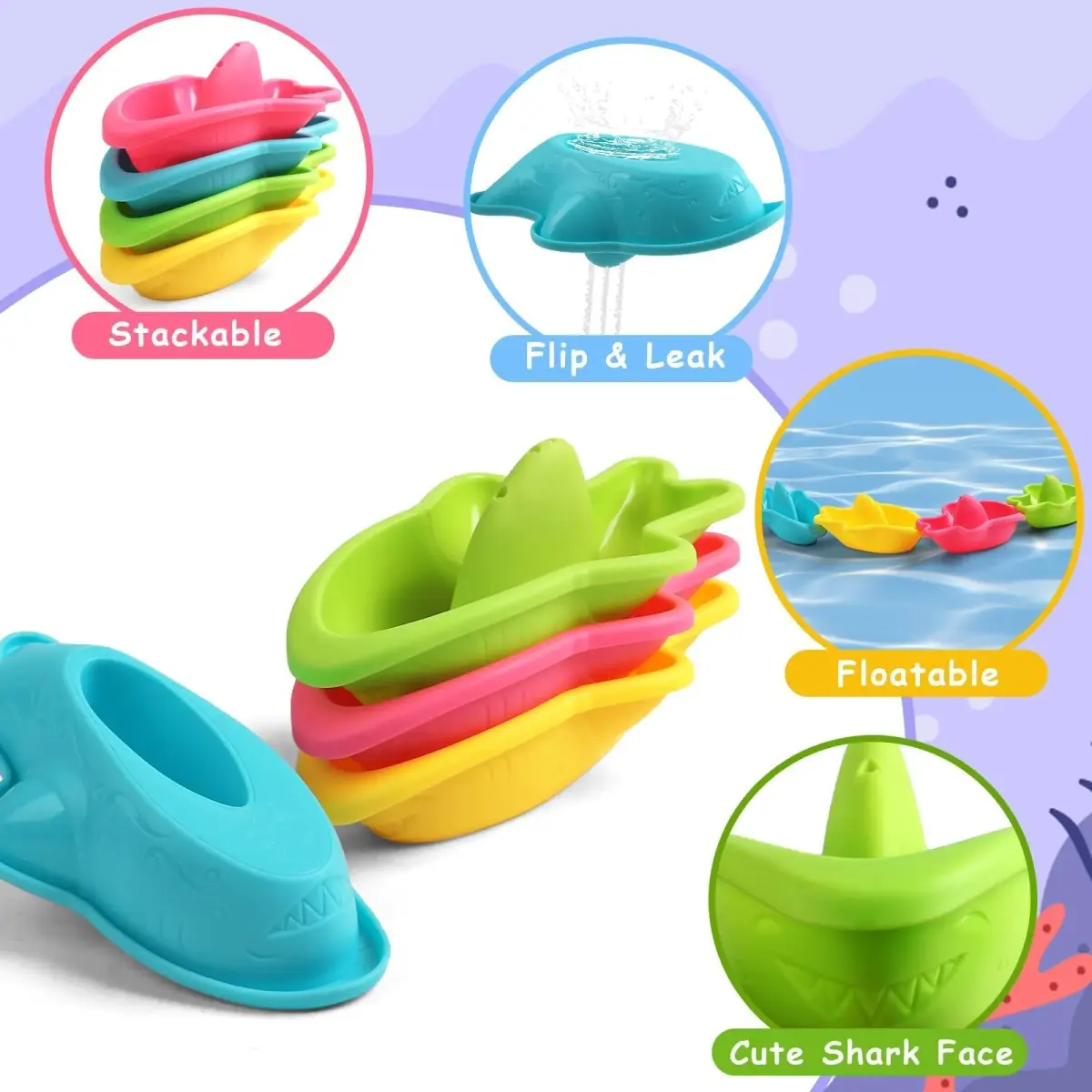 Fajiabao Mold-Free Baby Bath Toys 6-Piece Set | Stackable Shark Boats, Watering Can & Scoop for Toddlers Ages 1-3 - view 7