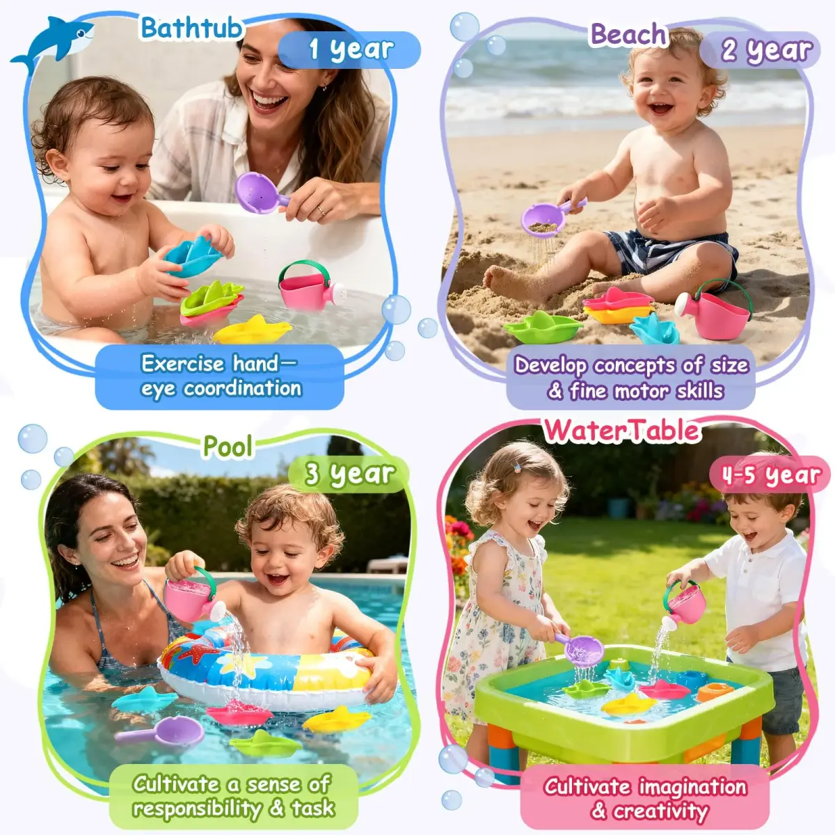 Fajiabao Mold-Free Baby Bath Toys 6-Piece Set | Stackable Shark Boats, Watering Can & Scoop for Toddlers Ages 1-3 - view 2