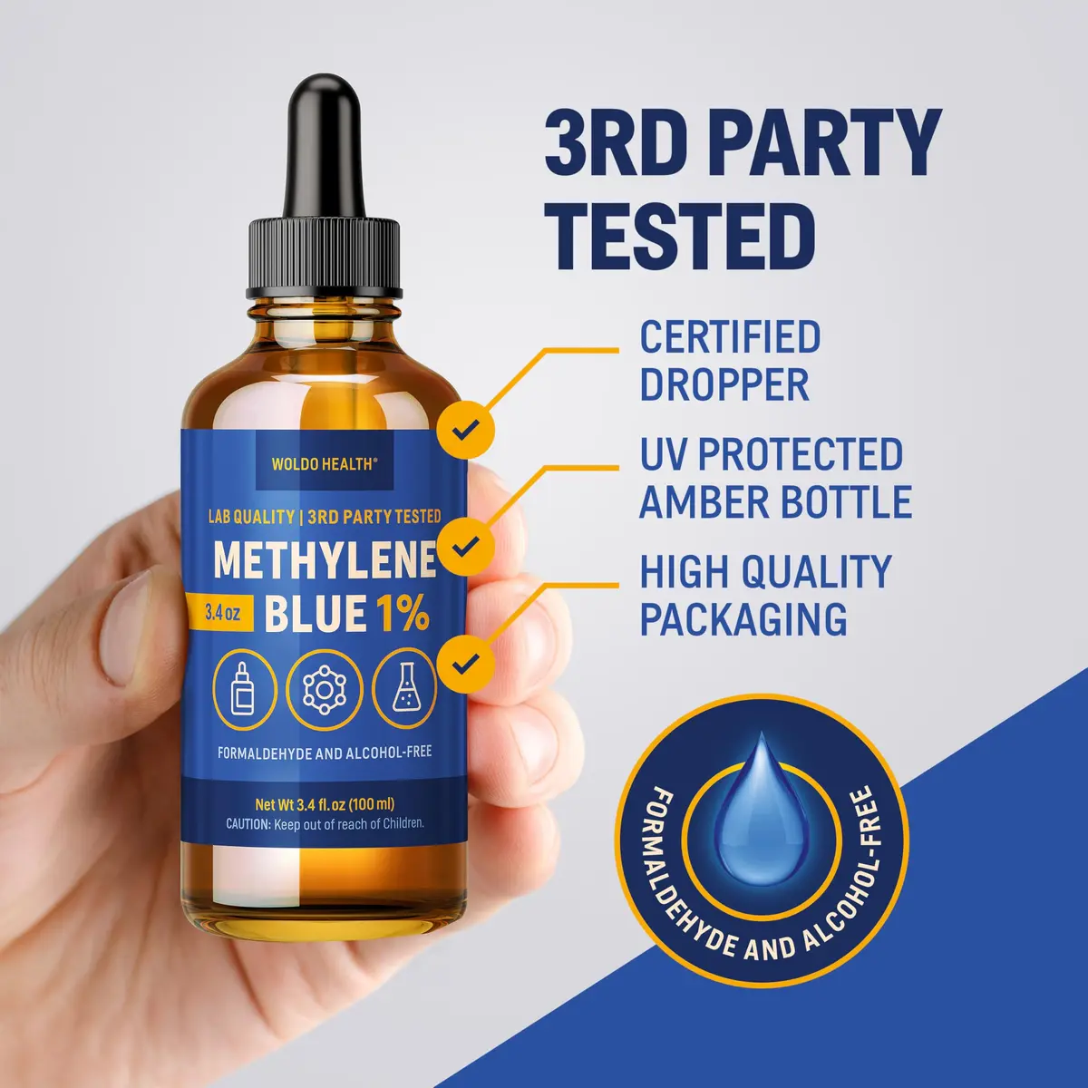 WoldoHealth Methylene Blue 1% Drops 3.4 Fl Oz | USP Pharmaceutical Grade Laboratory Reagent - view 3