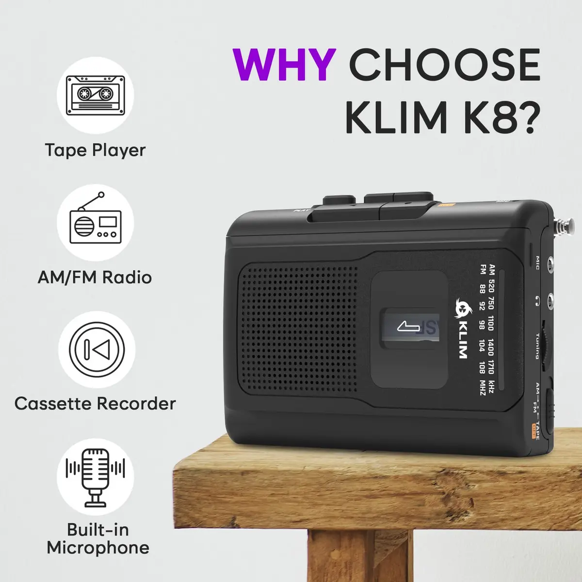 KLIM K8 Portable Cassette Player Recorder with AM/FM Radio & Speaker | 12.1cm x 9.16cm x 3.95cm - view 2