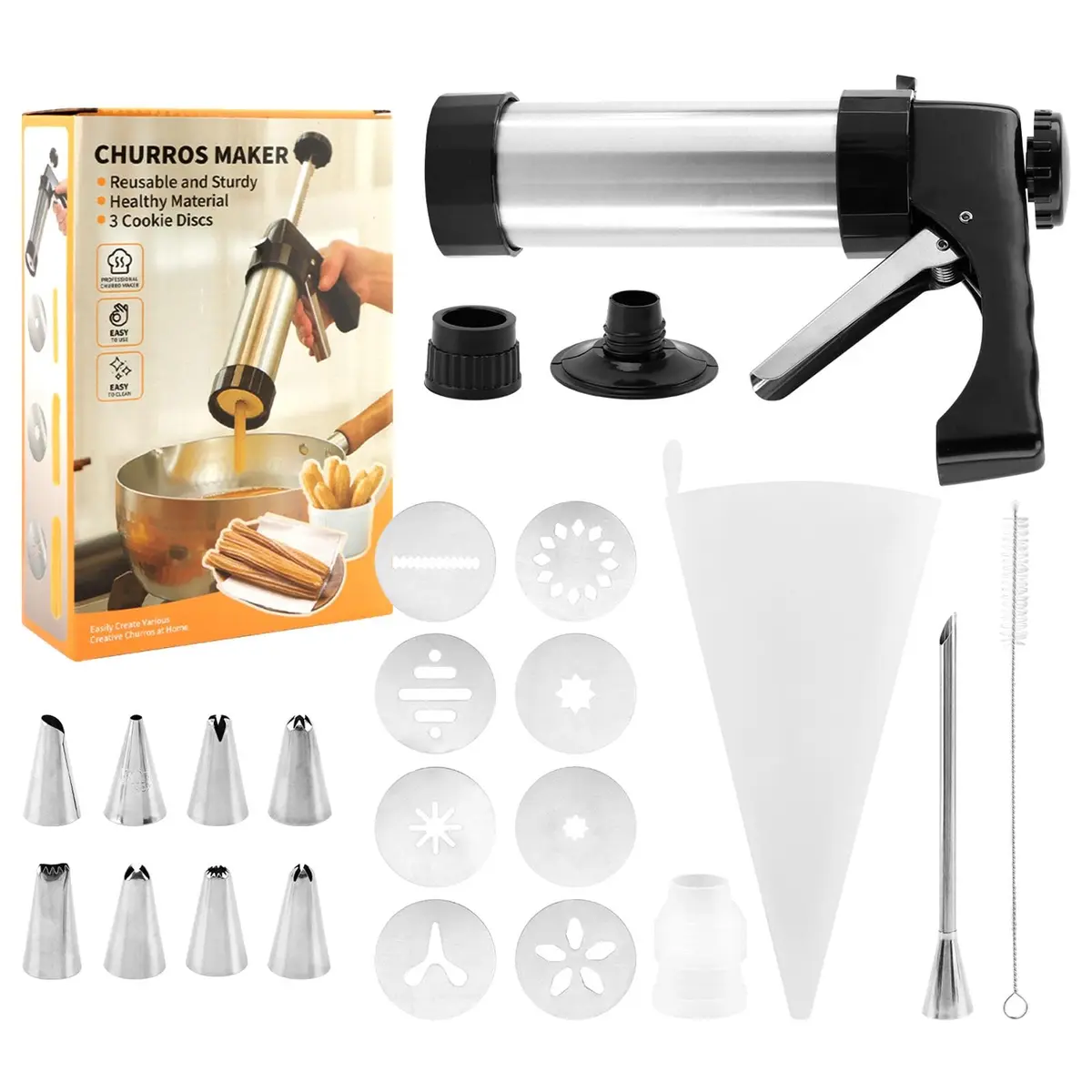CALIDAKA 3-in-1 Churro Maker Kit, Stainless Steel Cookie Press Gun | Easy Home Baking (120 chars) - main product image