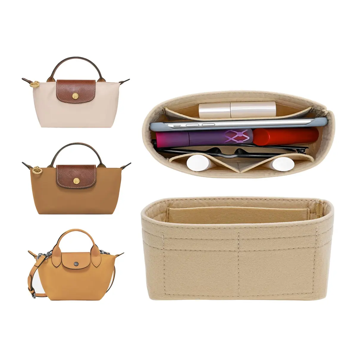 LOUKAYCCI Felt Purse Organizer Insert for Longchamp Le Pliage Mini | Lightweight Felt, 3 Compartments, Fits XS Bags - main product image