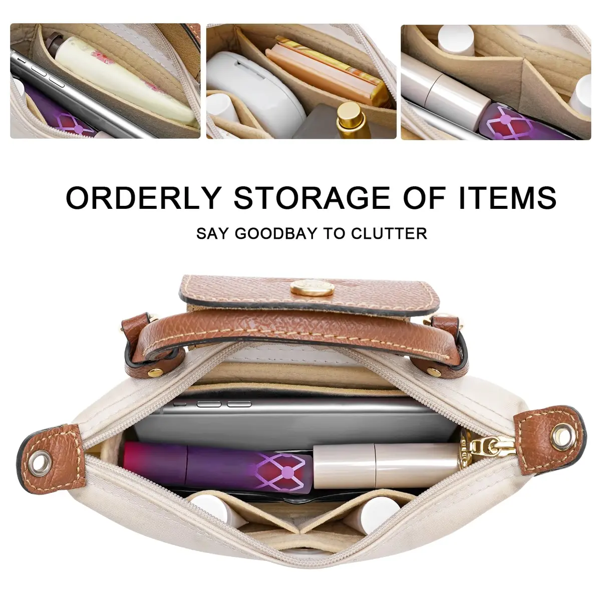 LOUKAYCCI Felt Purse Organizer Insert for Longchamp Le Pliage Mini | Lightweight Felt, 3 Compartments, Fits XS Bags - view 5
