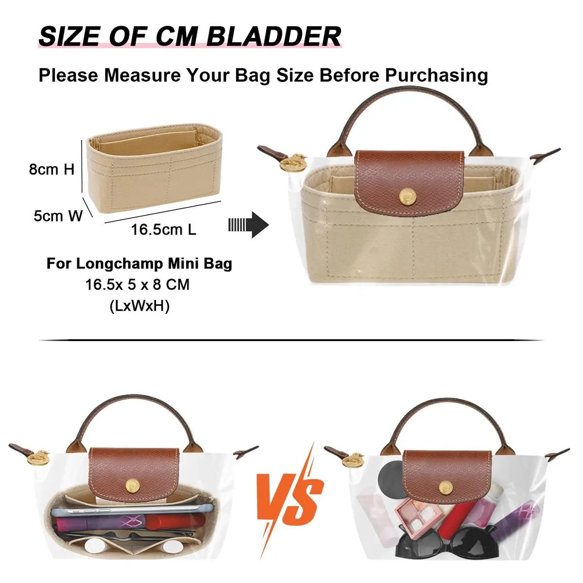 LOUKAYCCI Felt Purse Organizer Insert for Longchamp Le Pliage Mini | Lightweight Felt, 3 Compartments, Fits XS Bags - view 3